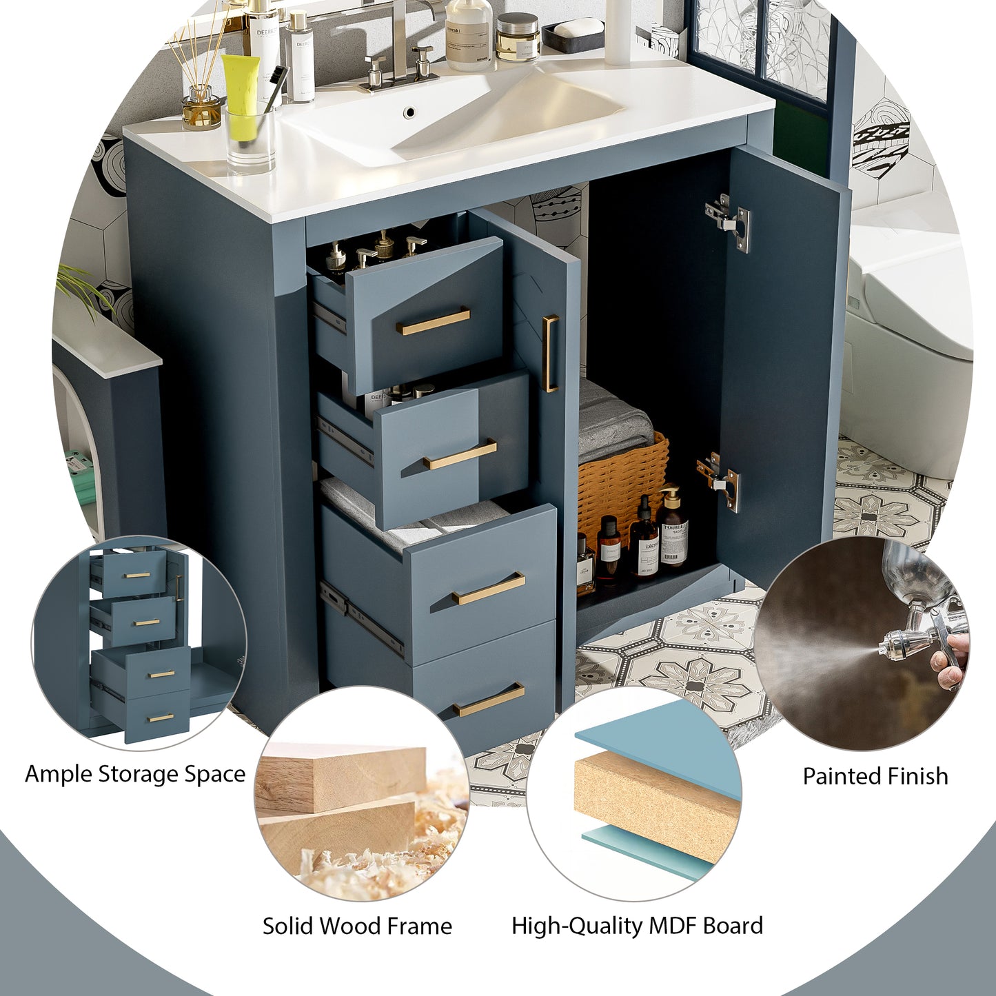 36-Inch Blue Bathroom Vanity with Ceramic Sink & Storage Cabinet