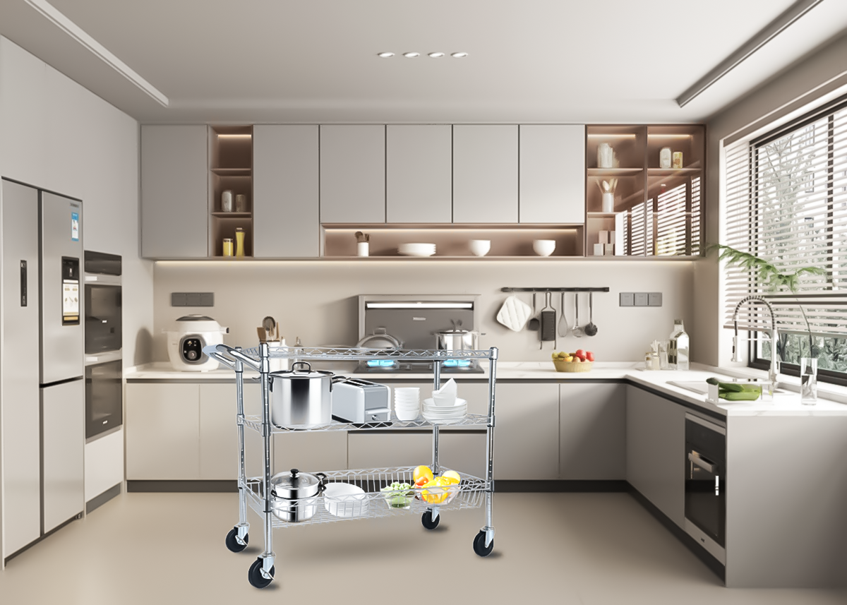 Heavy Duty 3-Tier Rolling Utility Cart with Handle and Shelves - Chrome
