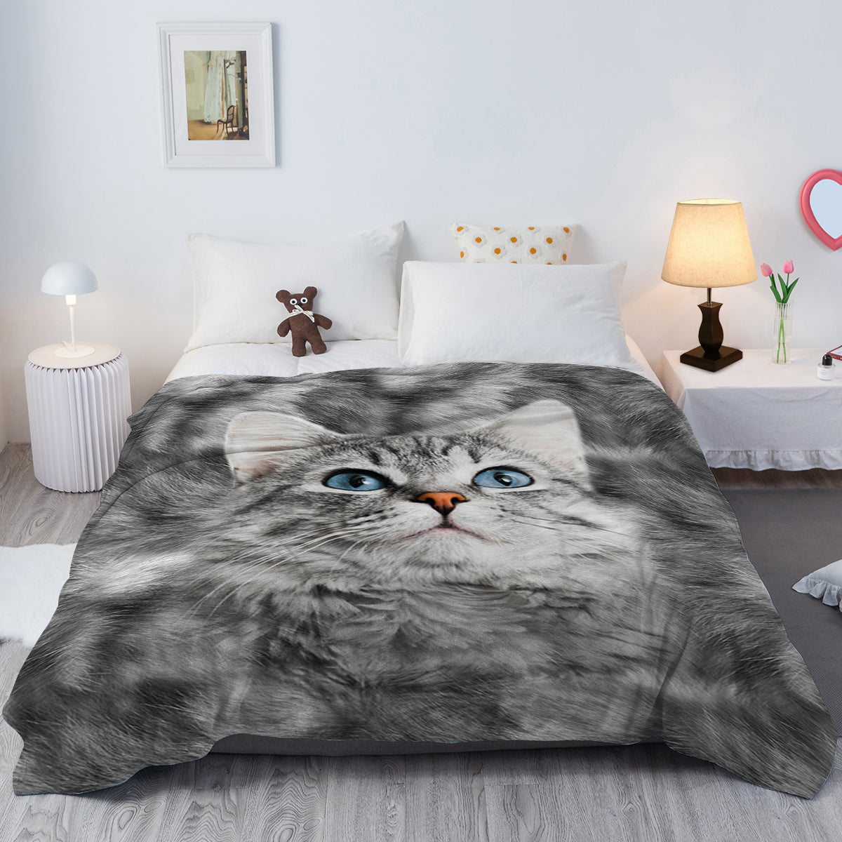 Gray Cat Flannel Blanket - Soft Warm Fleece Bed Sofa Throw 75x100cm