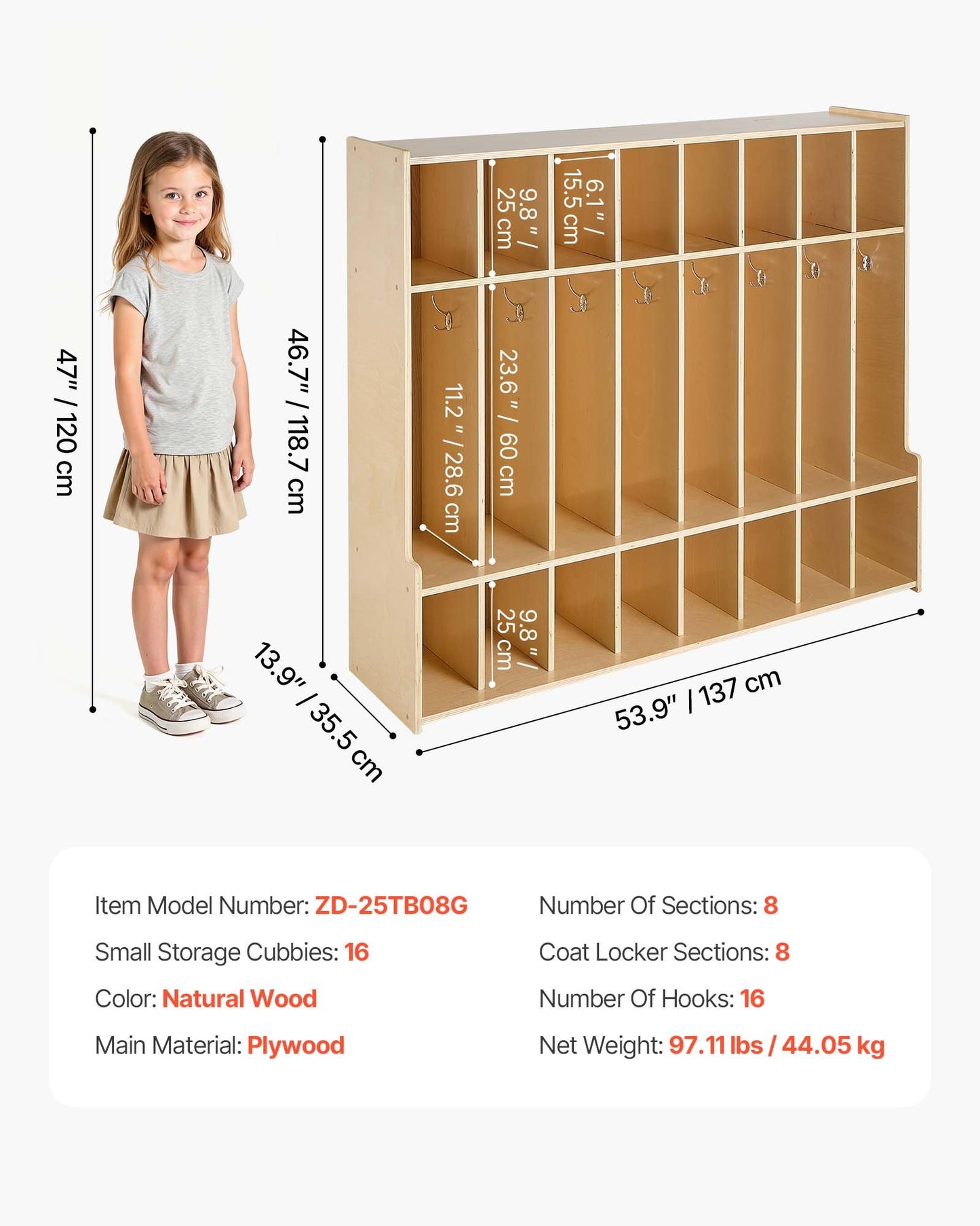 Kids Wooden Coat Locker with 16 Hooks & Open Storage Cubes - Toddler Organization
