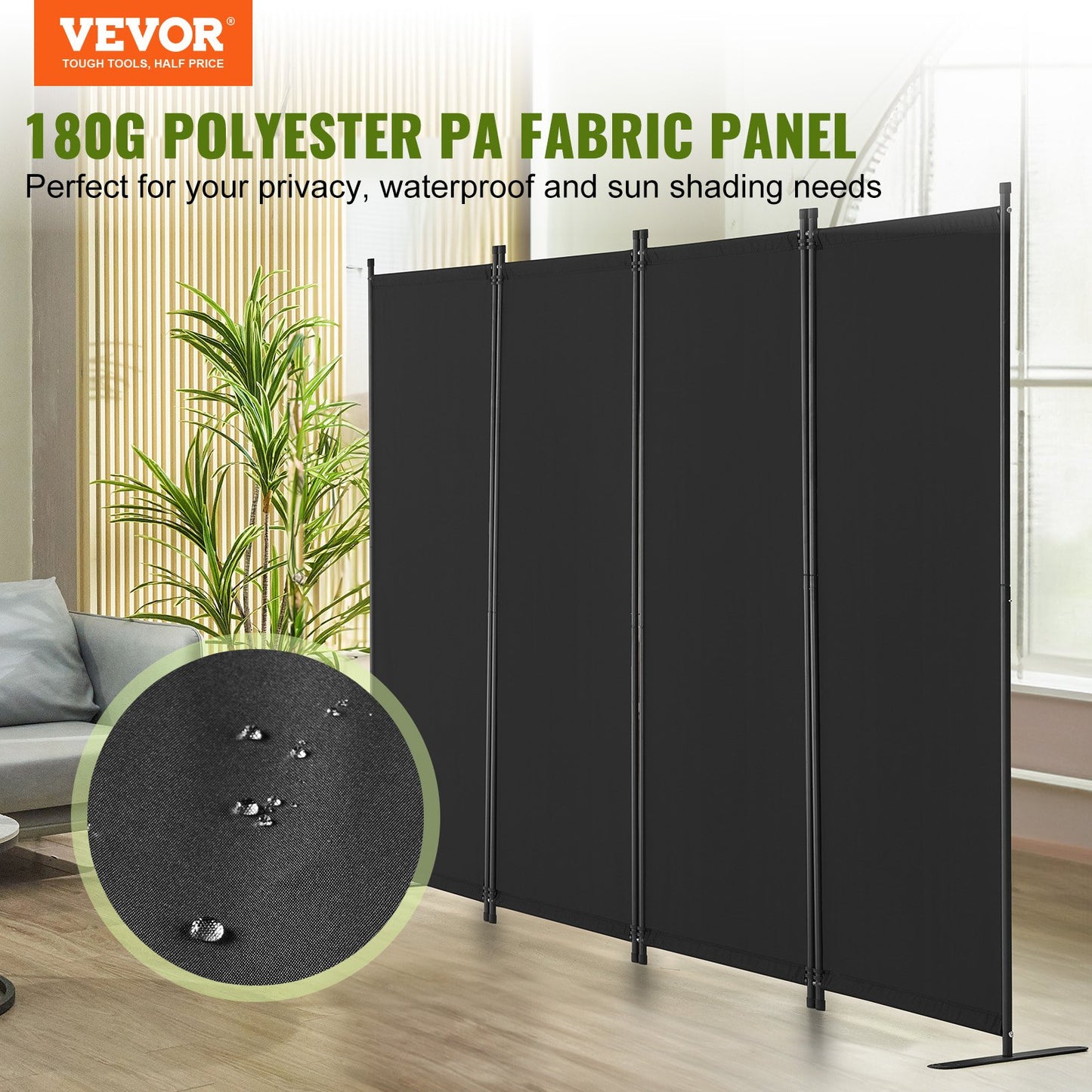 4-Panel Room Divider - Black Fabric Privacy Screen, 89.8x67.9in