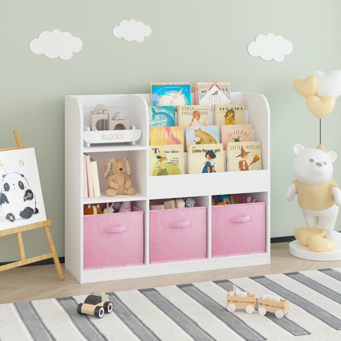 Kids Bookcase with 3 Fabric Drawers - White and Pink