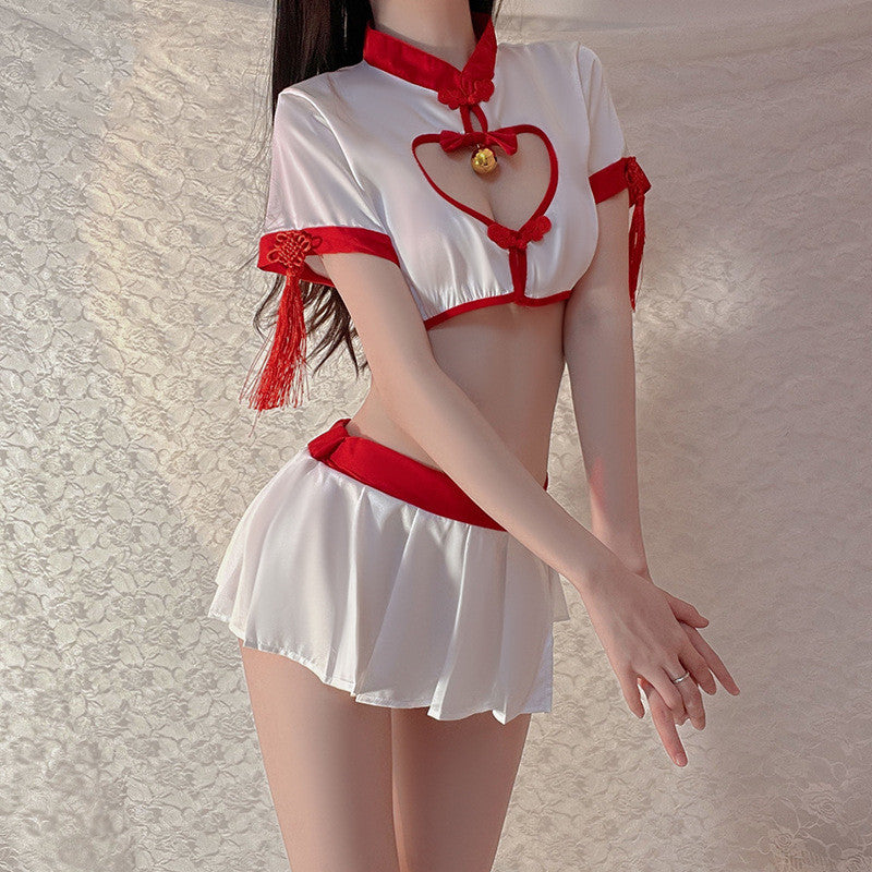 Sexy Cheongsam Suit for Role Playing Satin Hollow Out Lingerie Set