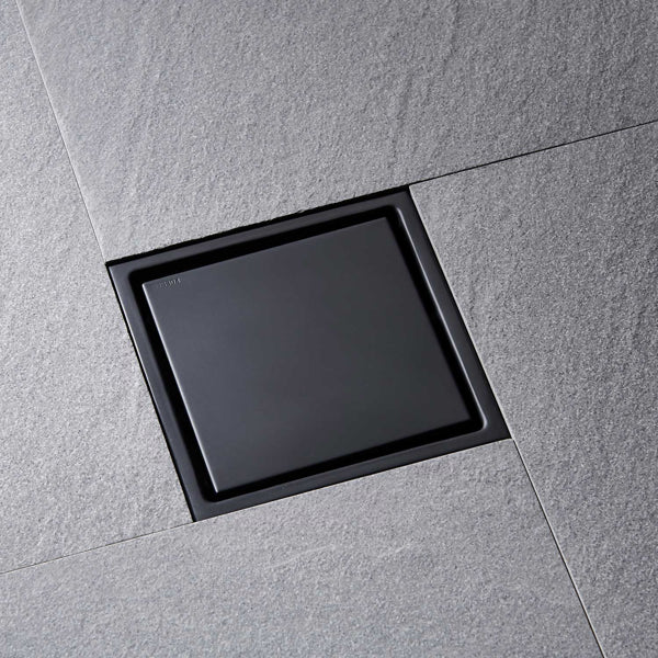 6-Inch Square Shower Drain with Removable Cover & Hair Strainer - Matte Black Stainless Steel