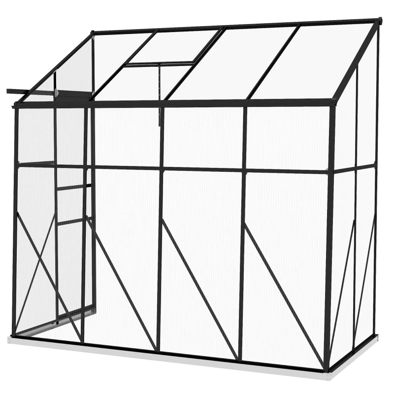 Walk-In Polycarbonate Greenhouse with Aluminum Frame and Rain Gutter, Lean-To Design, Black