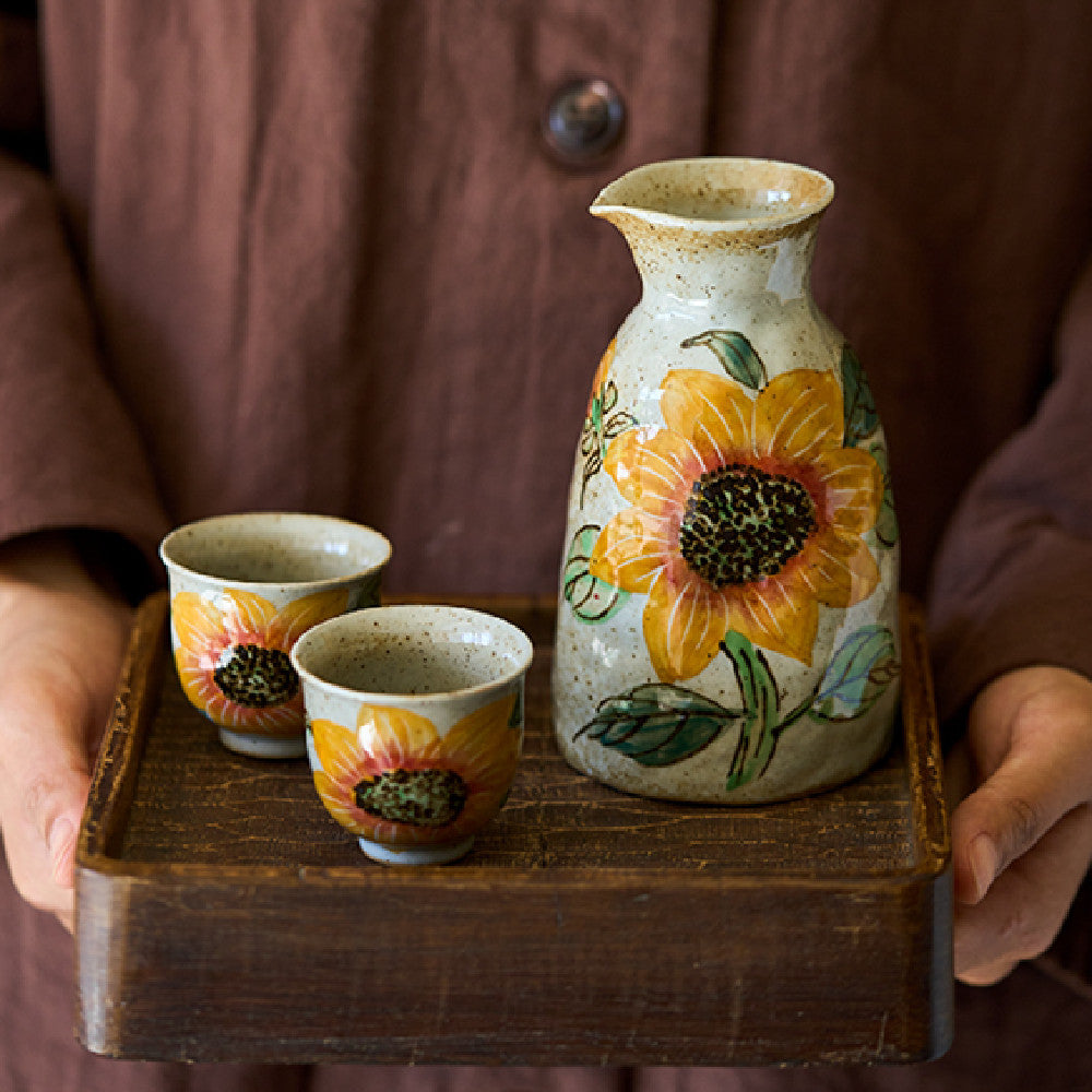 Hand Drawn Sunflower Ceramic Wine Dispenser with Glass Set - Retro Kitchen Barware