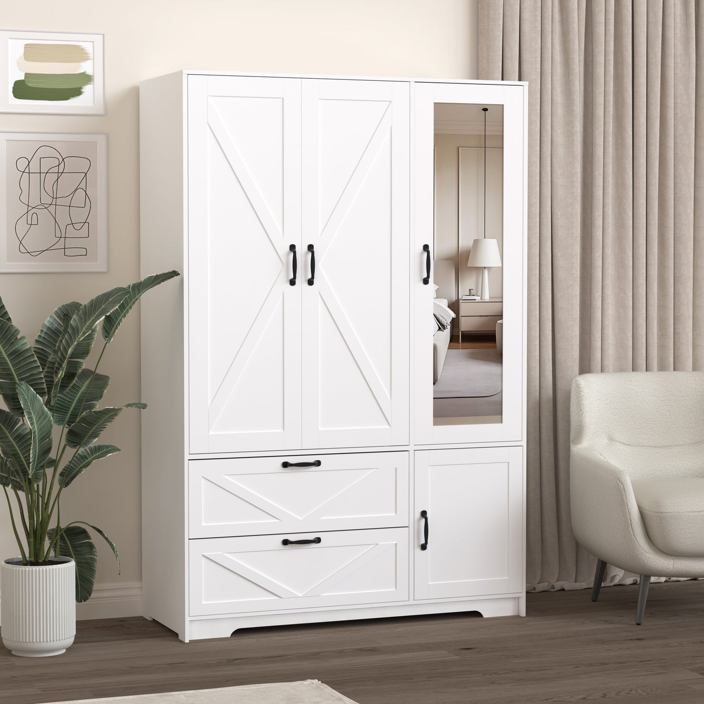 4-Door White Wardrobe Closet with Mirror & LED Lighting