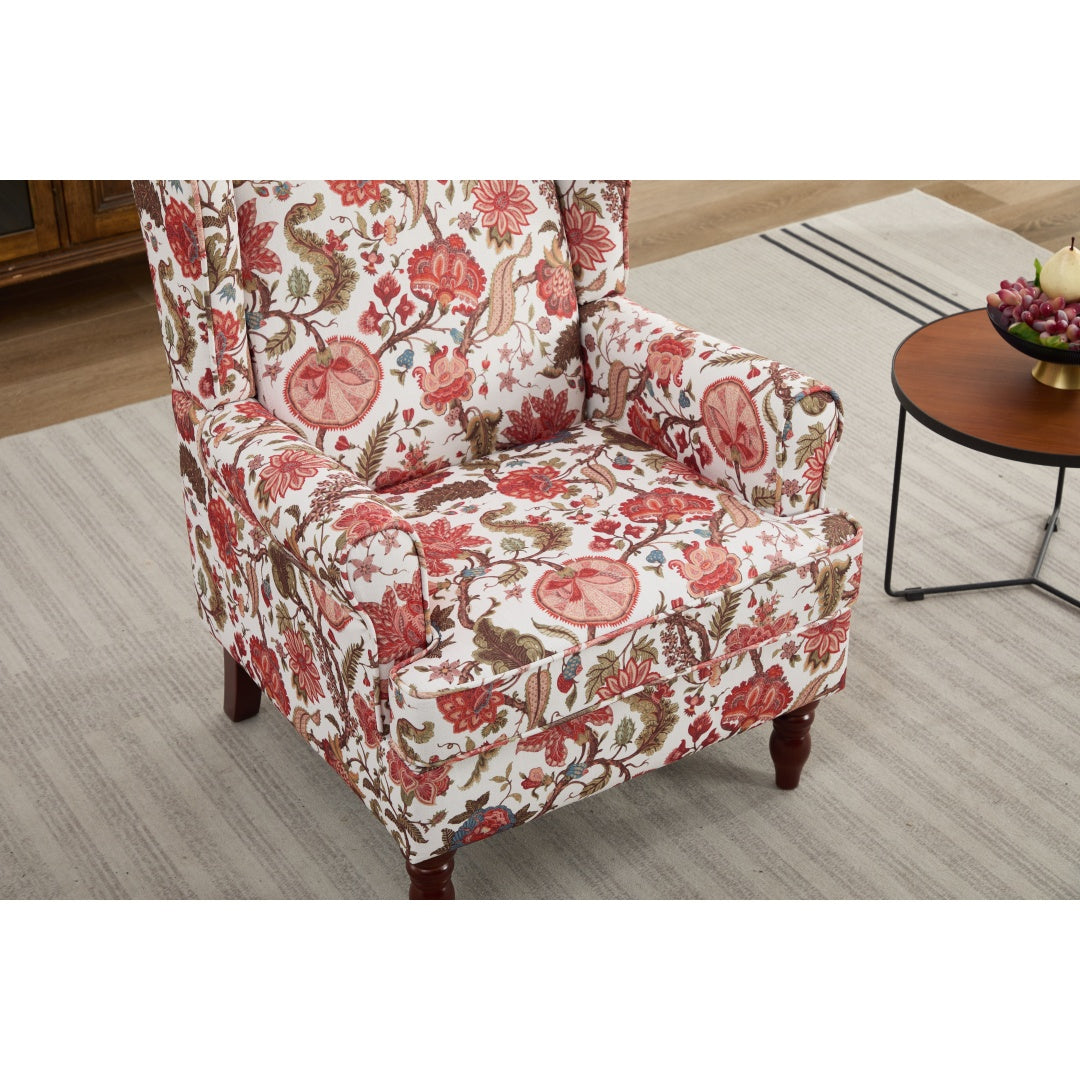 Floral Accent Chair with Retro Wood Legs - Bean Paste Red