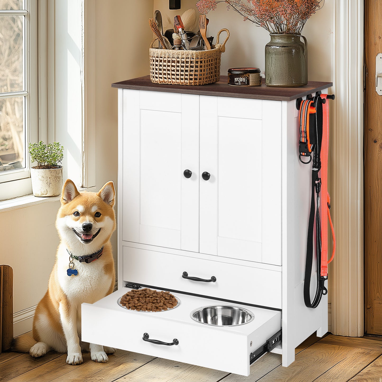 Dog Feeding Station, Double Door Locker With 2 Adjustable Bowls, 3