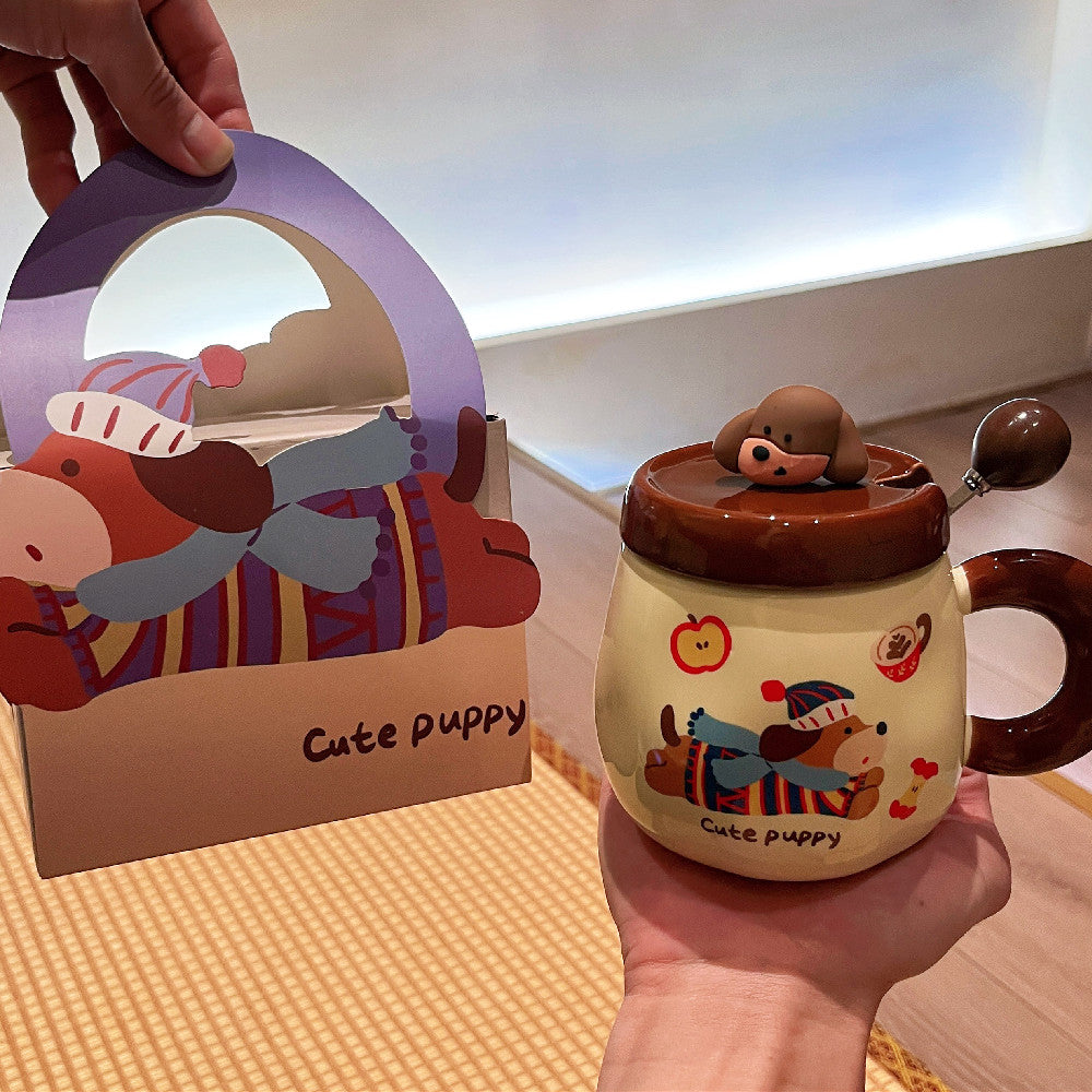 Cartoon Sausage Dog Mug with Lid and Spoon - Ceramic Water Cup, 350ML