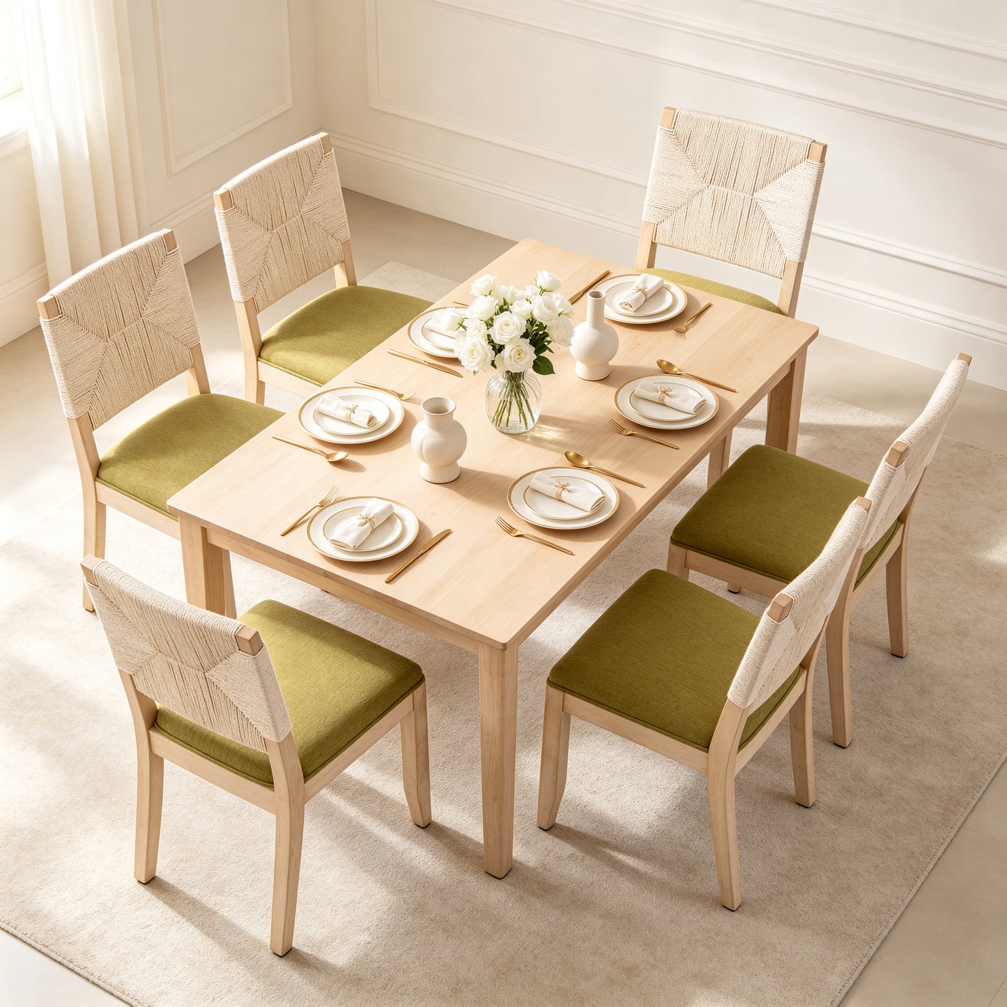 Olive Green Dining Chairs Set of 2 - Woven Back & Linen Seat