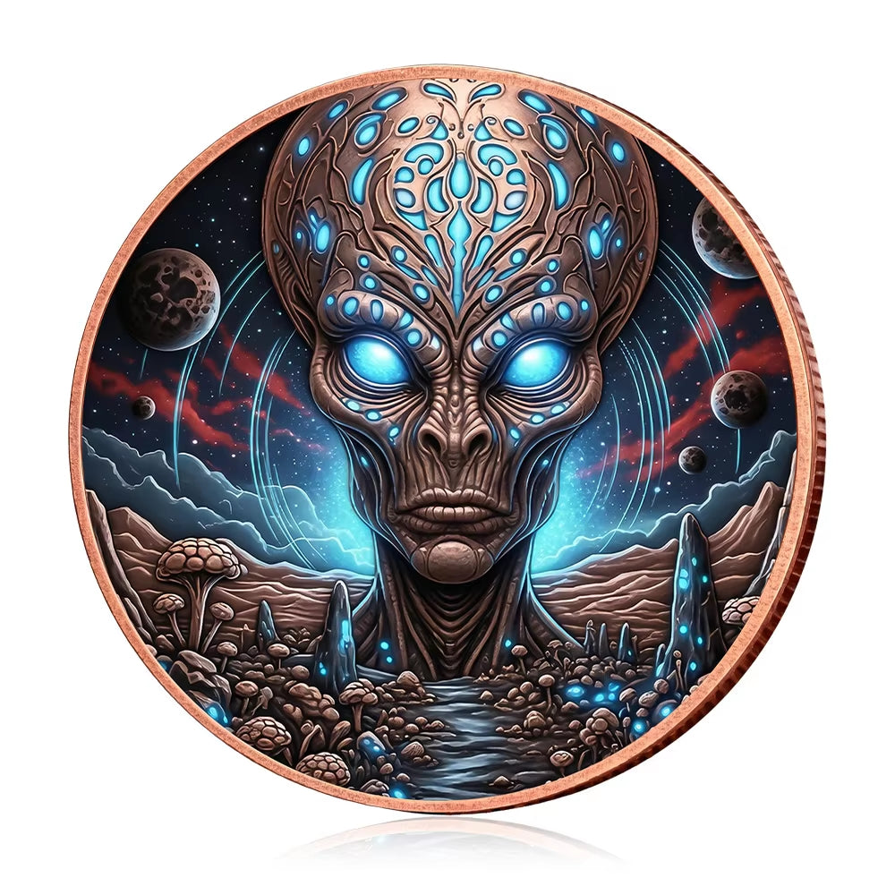Sci-Fi Gray Alien Challenge Coin - Blue Metal Collectible Medallion
