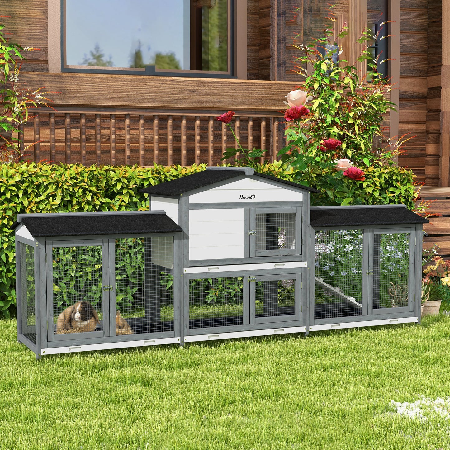 Wooden Rabbit Hutch with Run and Ramp, Outdoor Pet Cage for Small Animals