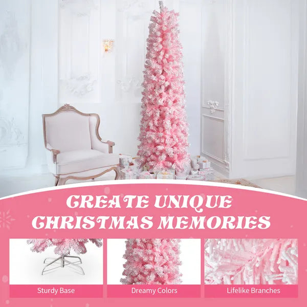 7.5 FT Snow Flocked Artificial Christmas Tree - Pink Pencil Design