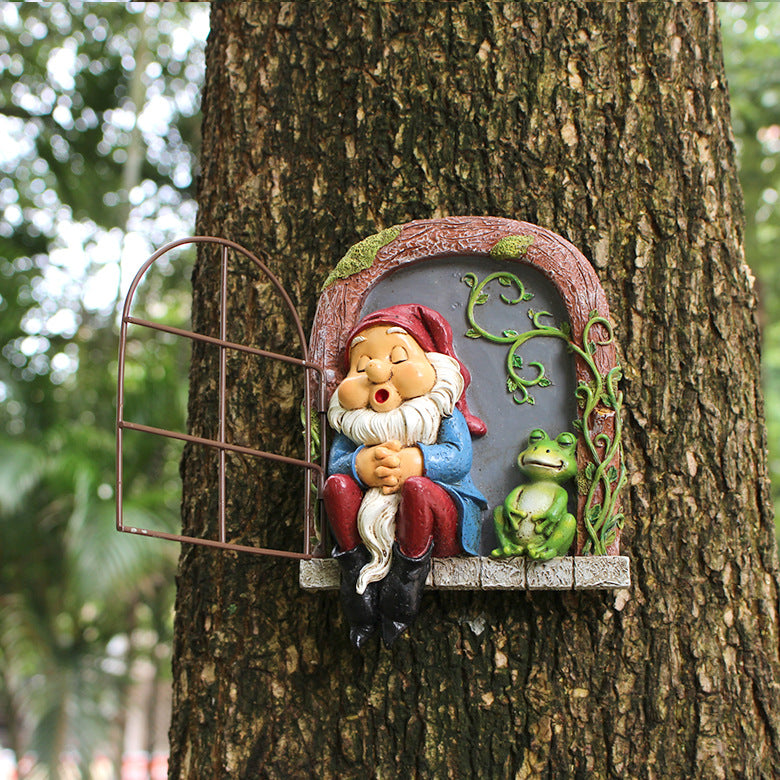 Sleeping Dwarf Door and Window Tree Pendant Resin Craft - Garden Decor