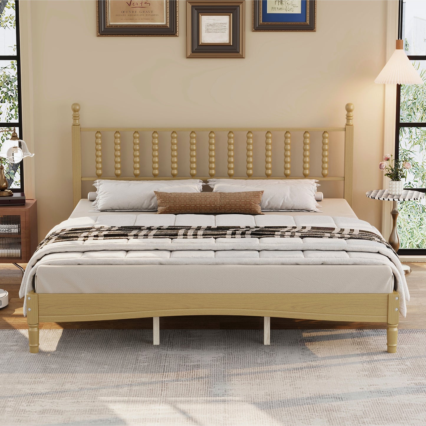 King Size Wood Platform Bed With Gourd Shaped Headboard,Retro Style