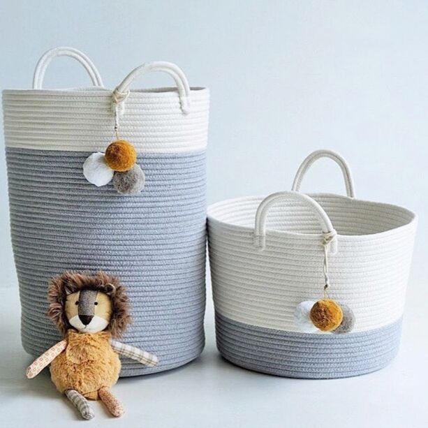 Cotton Braided Storage Basket with Fuzzy Ball Hanging Drop - Multi-Color Home Organizer