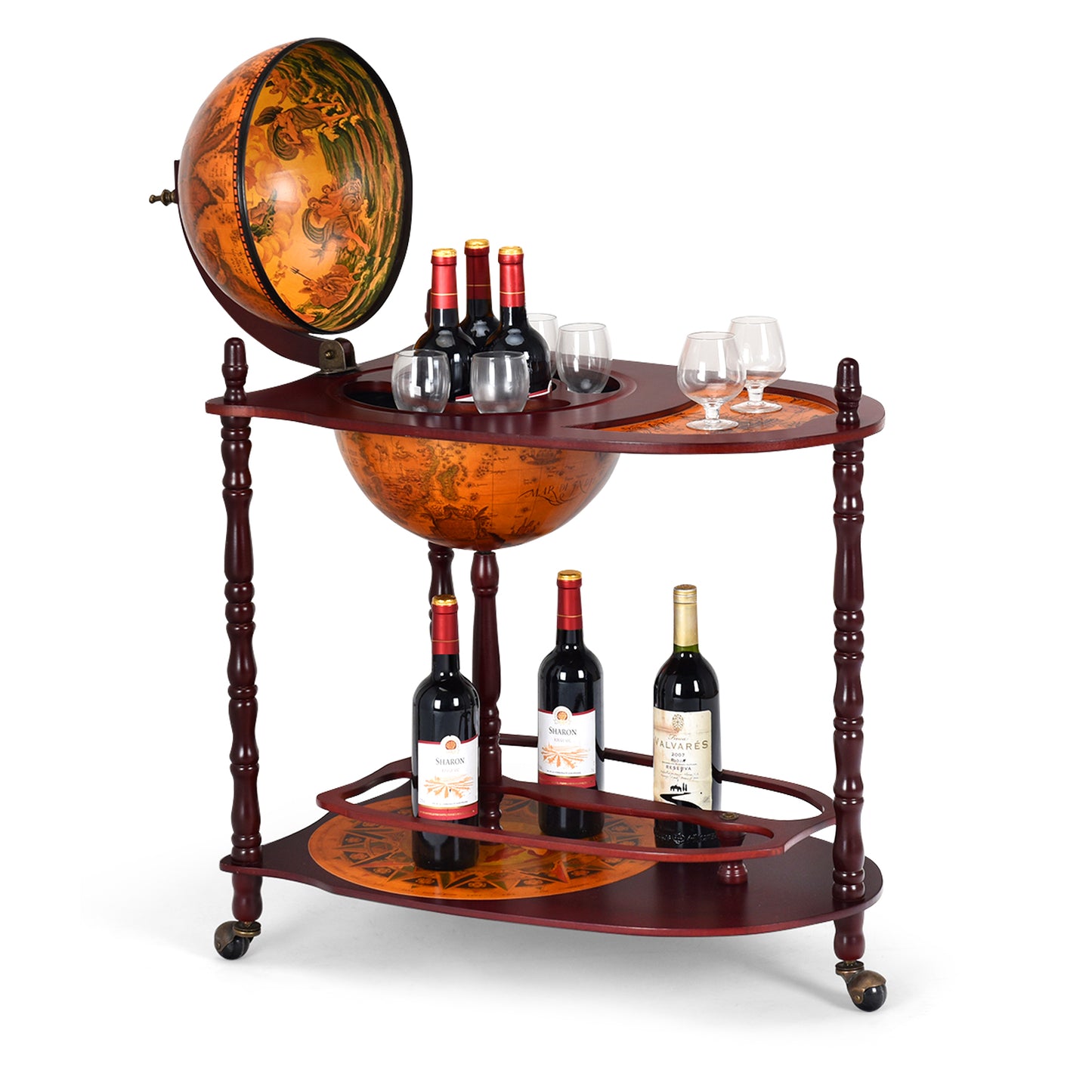 Vintage Globe Rolling Bar Cart with Extra Storage Shelf