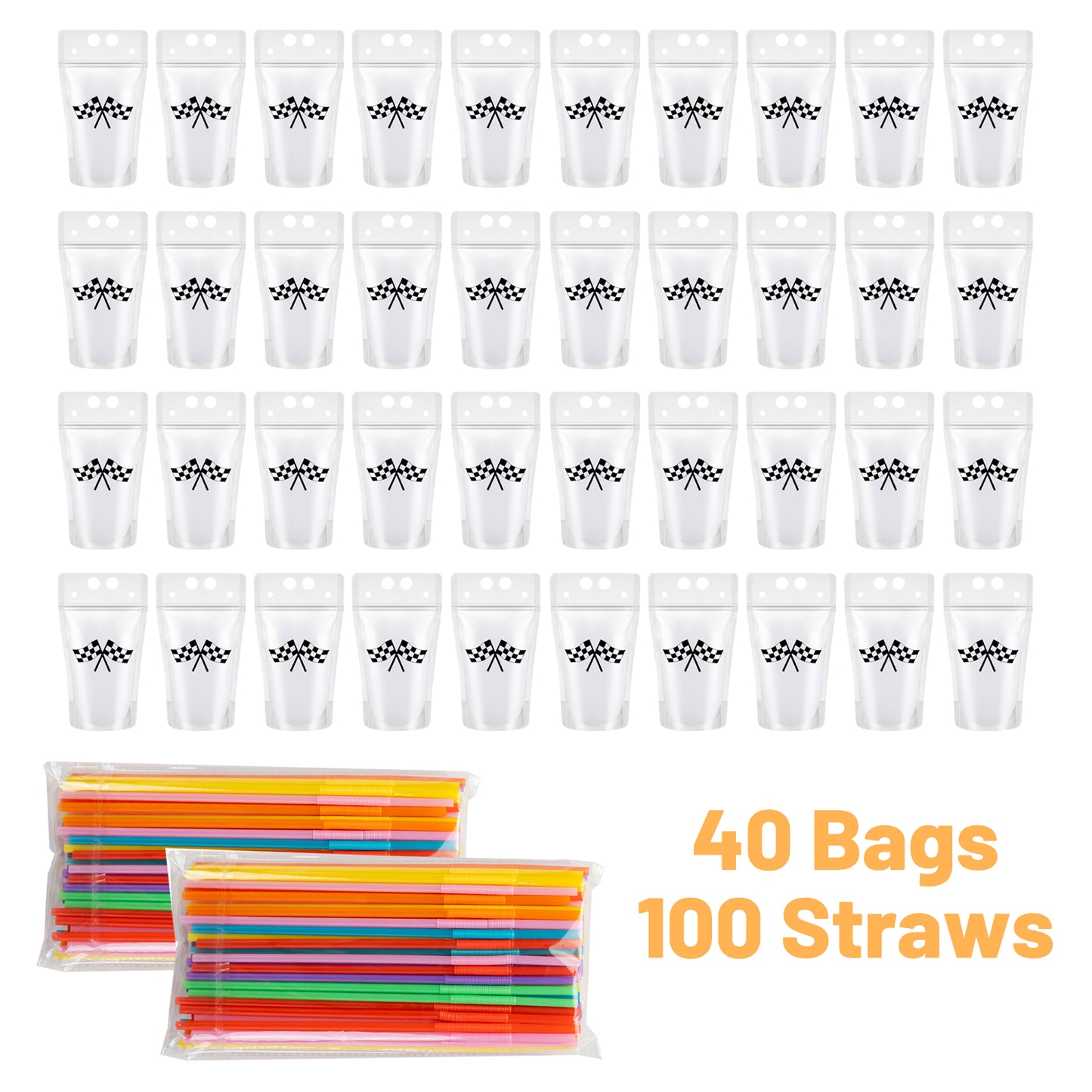 40 Clear Drink Pouches with Straws - Multi-Color Set