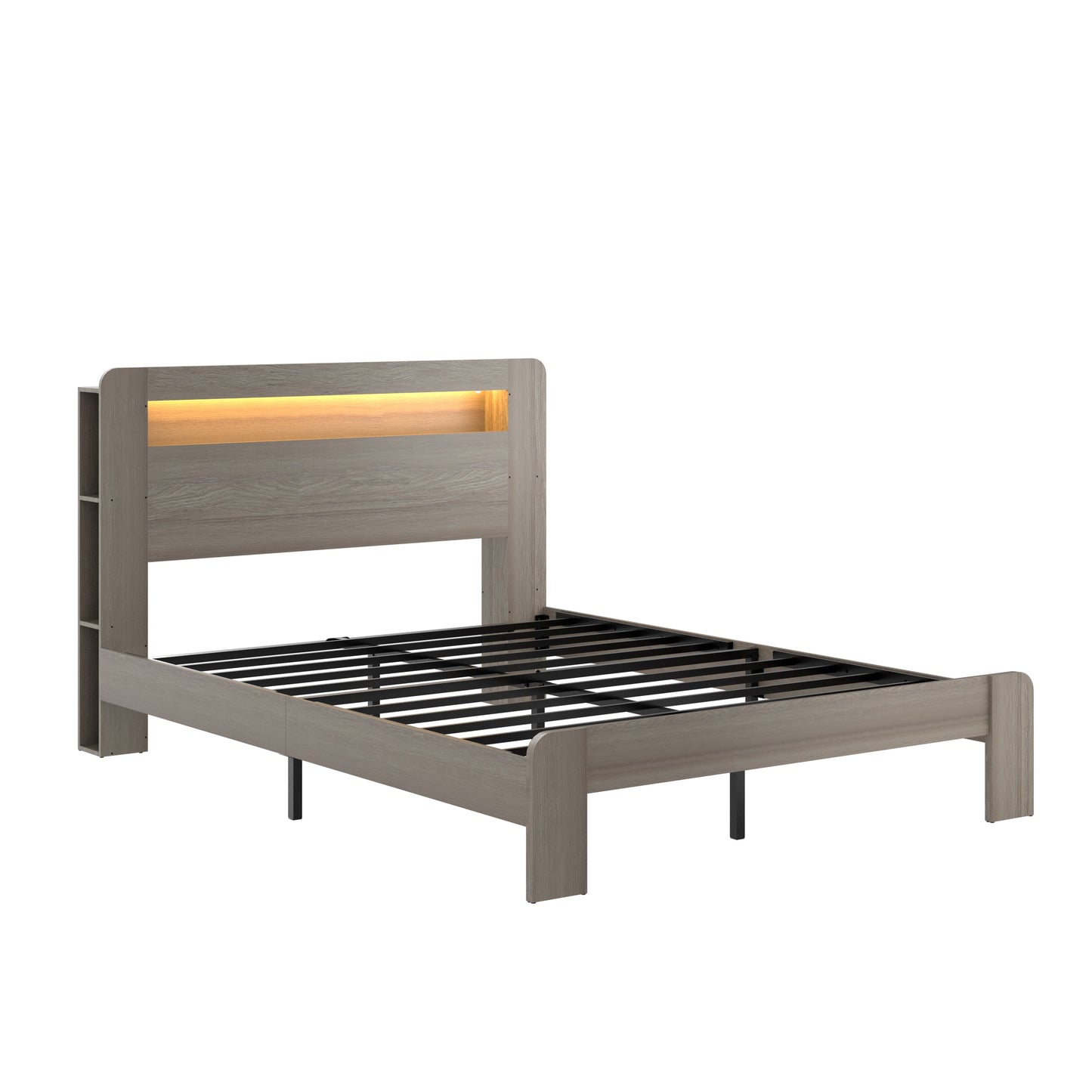 Queen Wood Bed Frame with LED Headboard, USB Ports & Storage