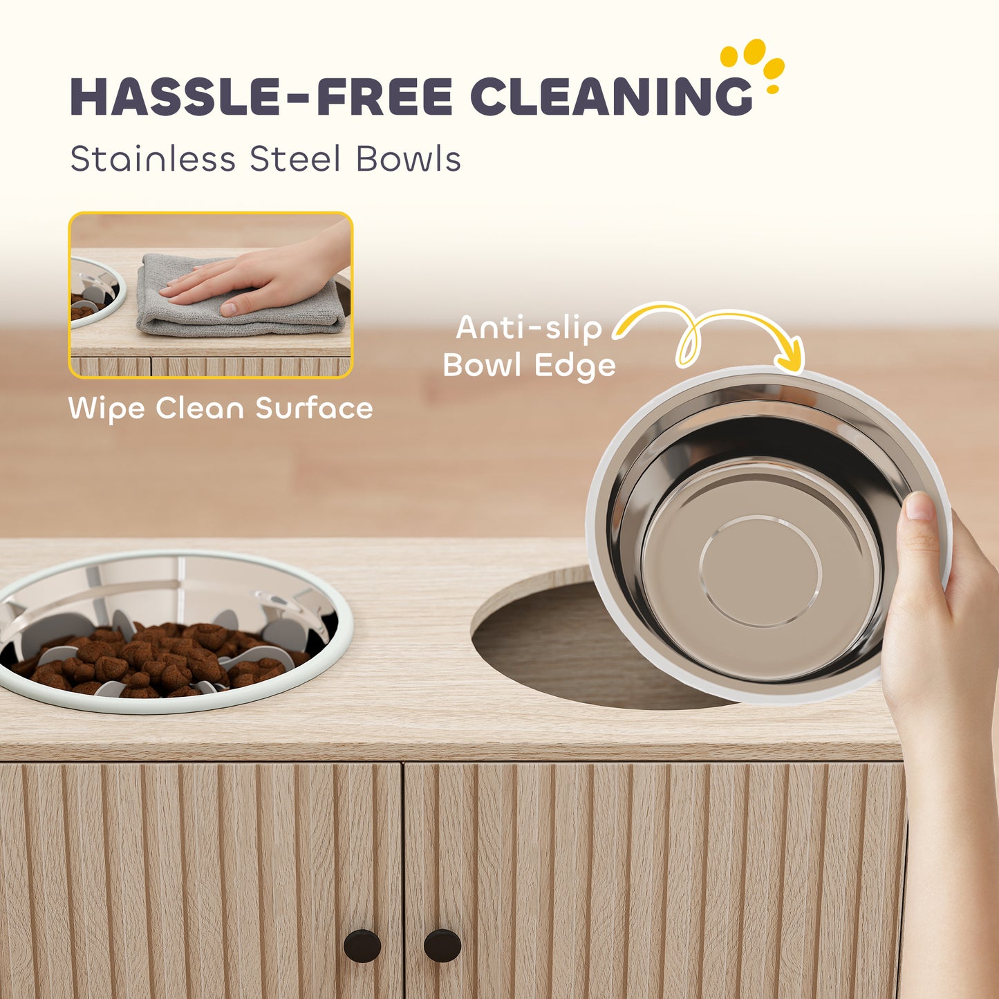 Elevated Dog Feeding Station with Storage Cabinet & Stainless Steel Bowls - Oak