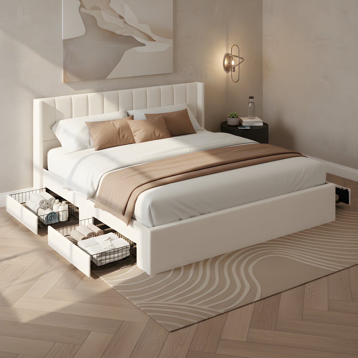 Upholstered Storage Bed with Drawers - King Size, Beige