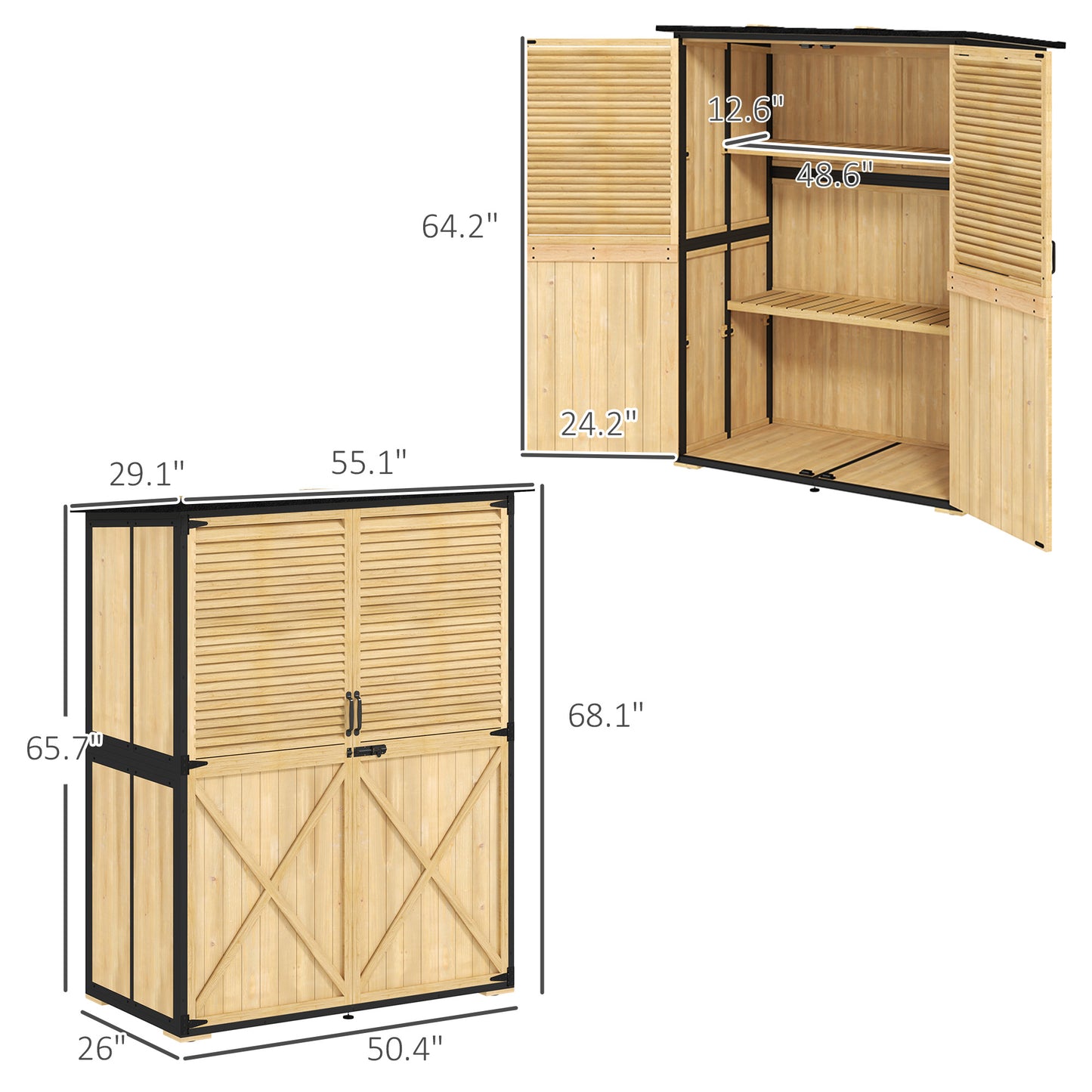 Wood Storage Shed, Outdoor Garden Shed With Asphalt Roof, 2 Shelves,