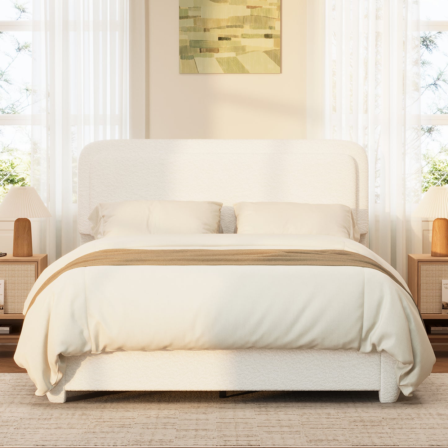 Boucle Queen Bed Frame With Adjustable Height Headboard, Modern