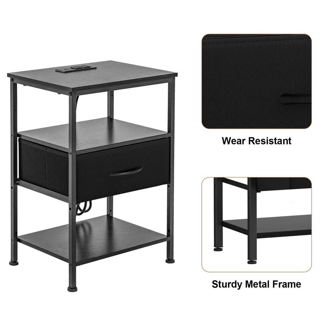 Black Bedside Table with USB-C Port and Adjustable Drawers