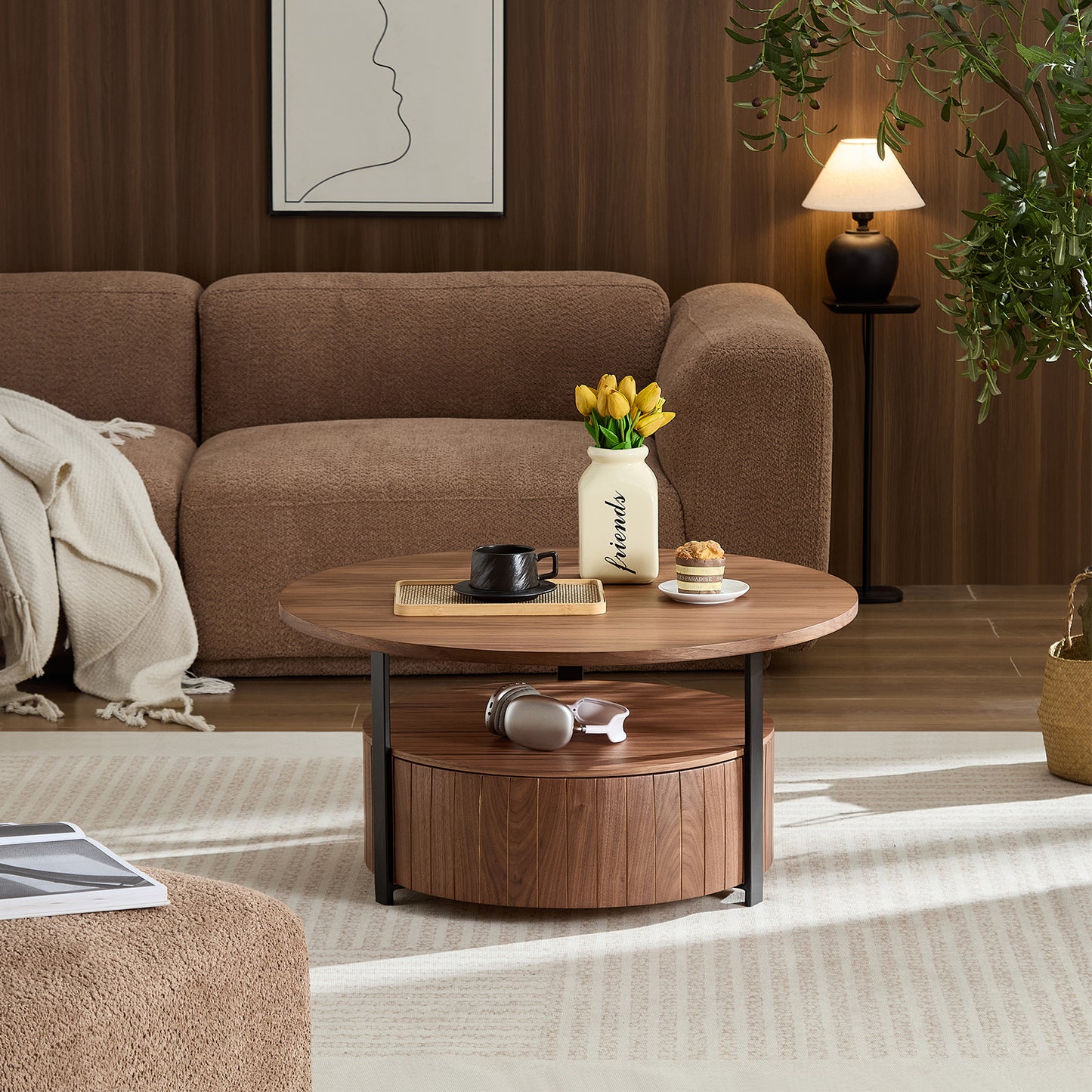 Round Wood Coffee Table - Rustic Walnut Design for Living Room