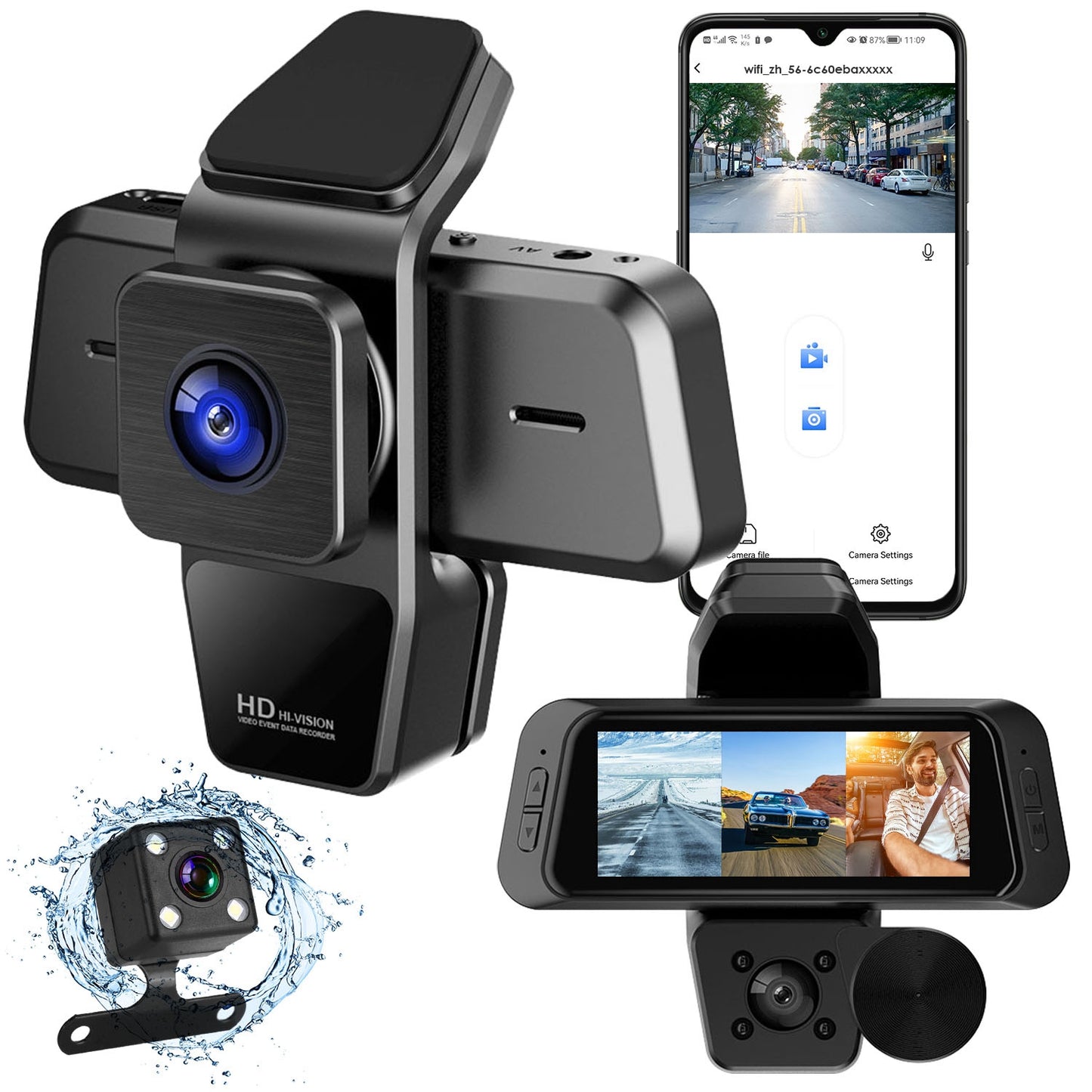 1080P FHD 3-Channel WiFi Dash Cam with Night Vision & Motion Detection