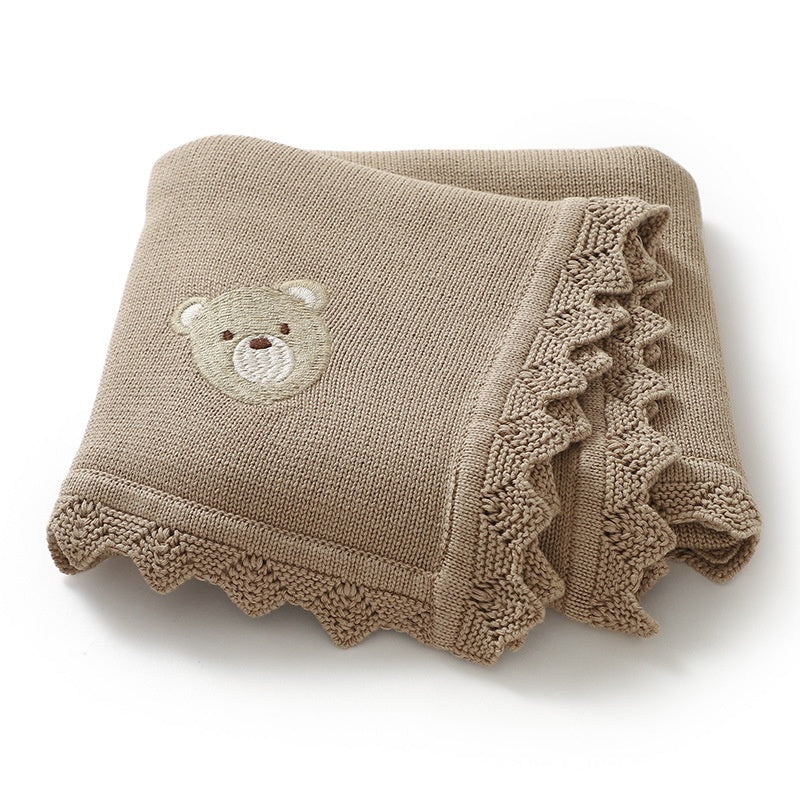 Infant Knitted Bear Embroidery Blanket - Soft Cotton Baby Covering