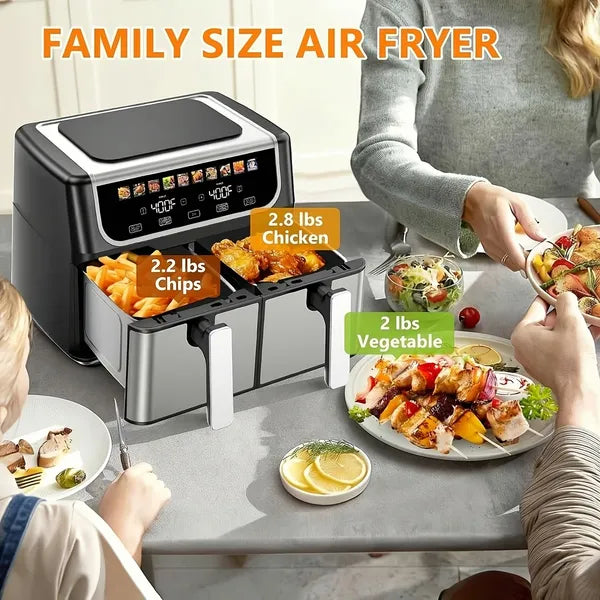 Large 9.5 Quart Dual Basket Air Fryer with 10 Presets, Independent Temp Control, and Shake Reminder - Black