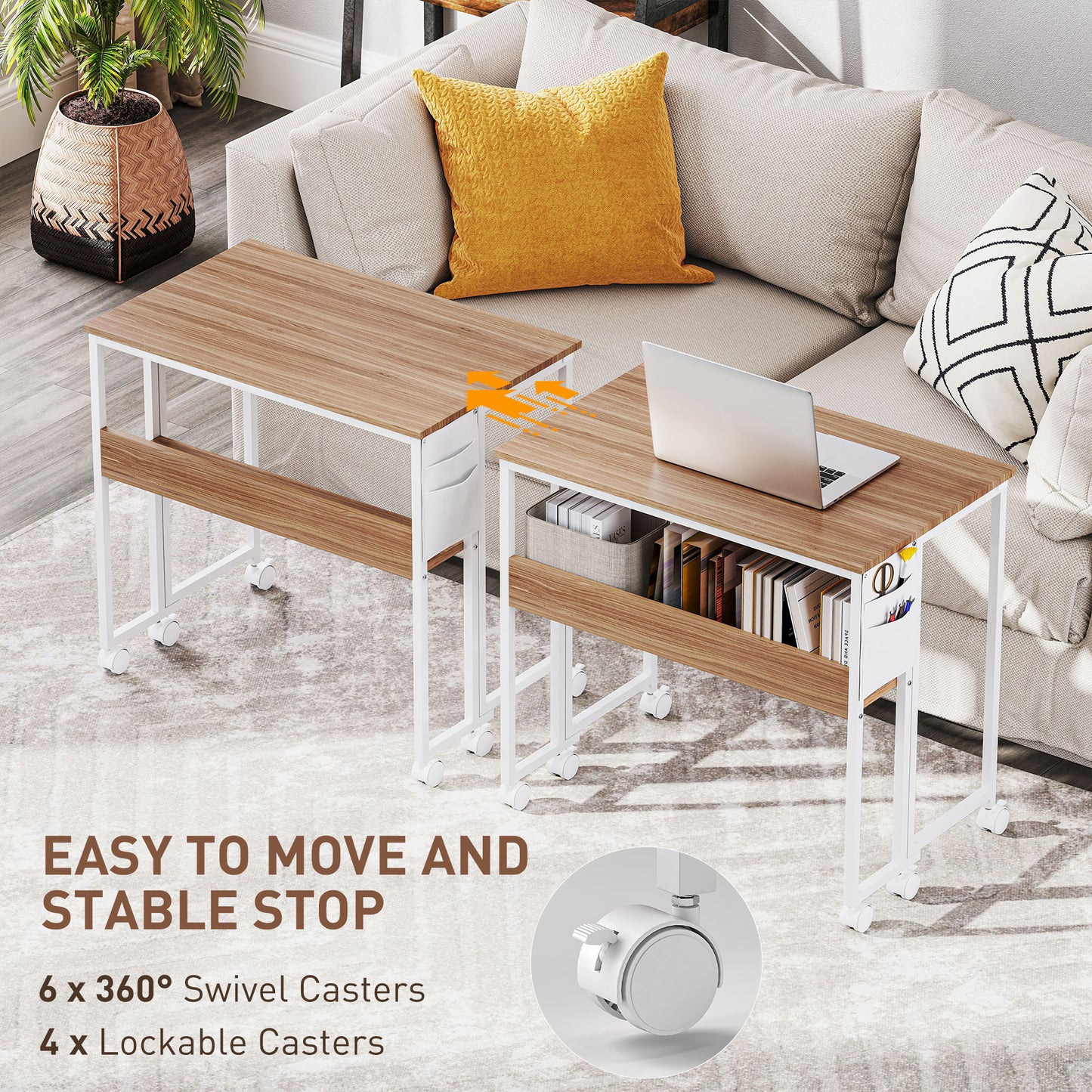 Foldable Computer Desk with Storage and Wheels - Natural Wood
