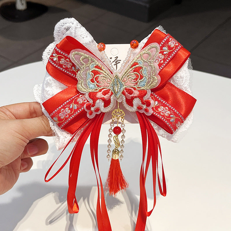 Children's Chinese-Style Red Flower Hair Clip with Pearls