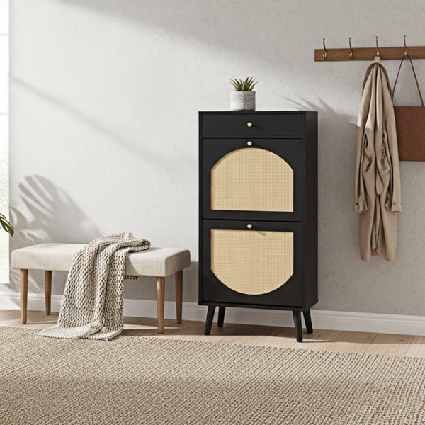 Shoe Cabinet with Drawer and Flip-Top Compartments - Black