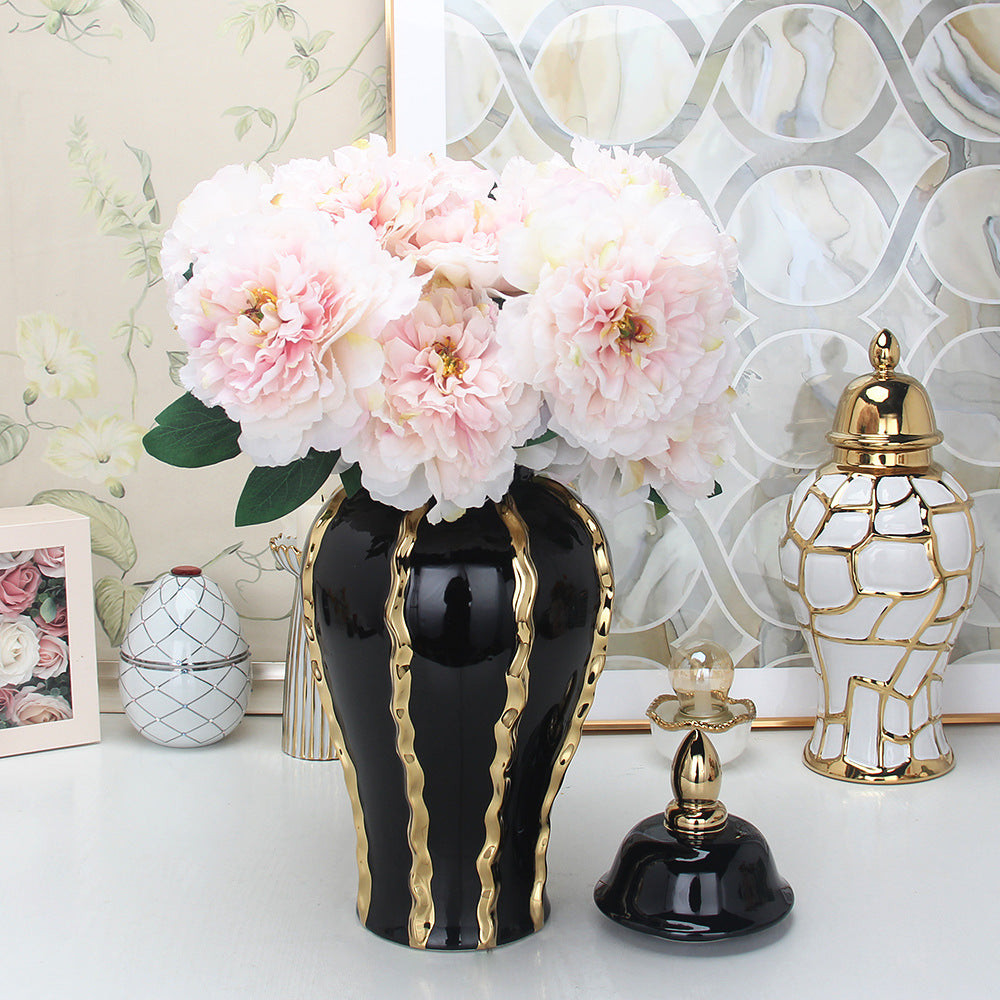 Ceramic Temple Jar Ornaments Set - Black and Gold Pattern Home Decor