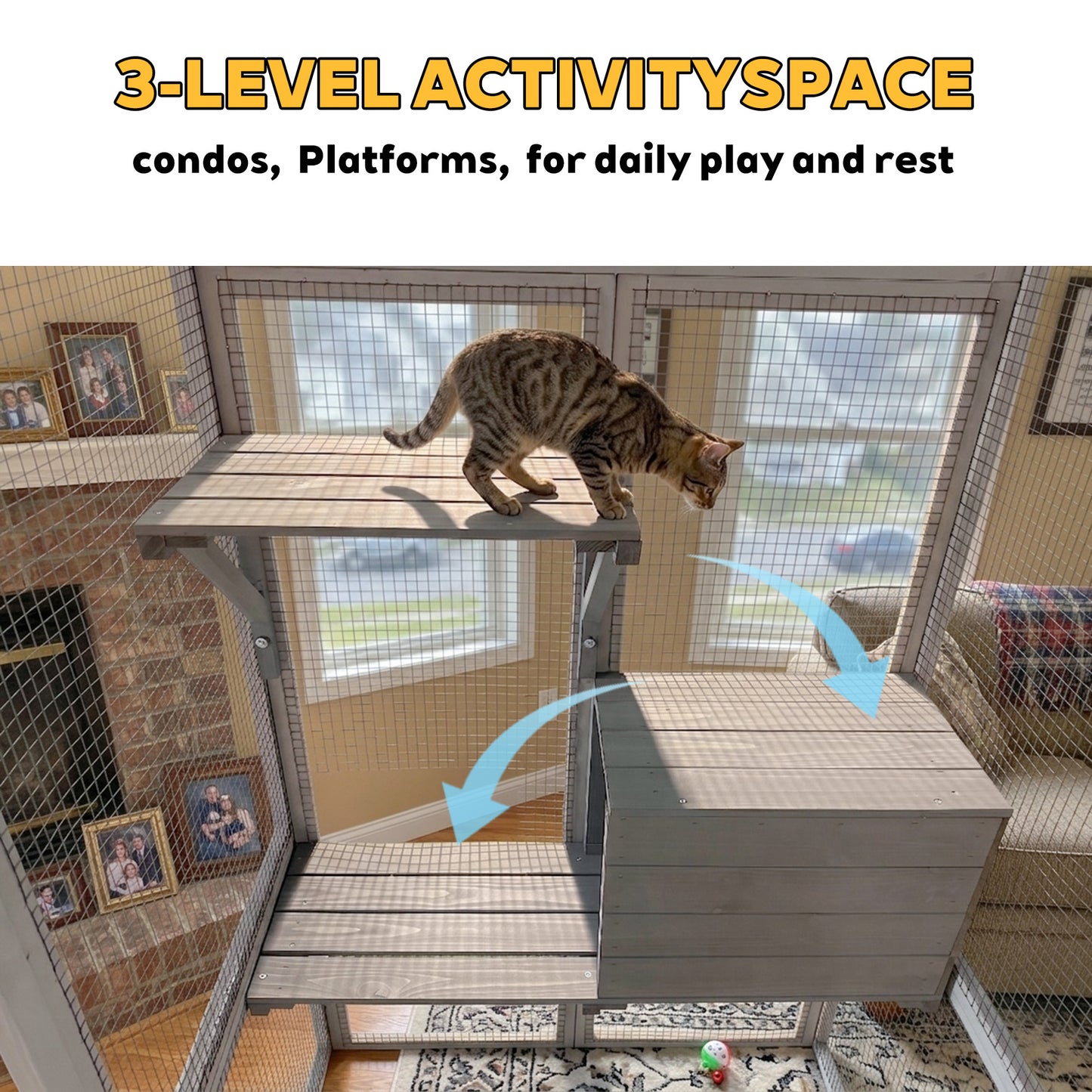 Gray Wooden Cat Enclosure with Waterproof Top, 2 Napping Boxes, Spacious & Secure