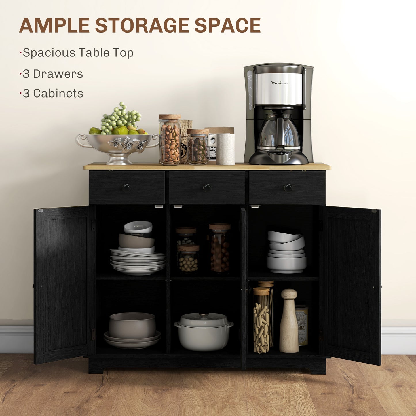 Kitchen Storage Cabinet with Solid Wood Top, 3 Drawers, Black
