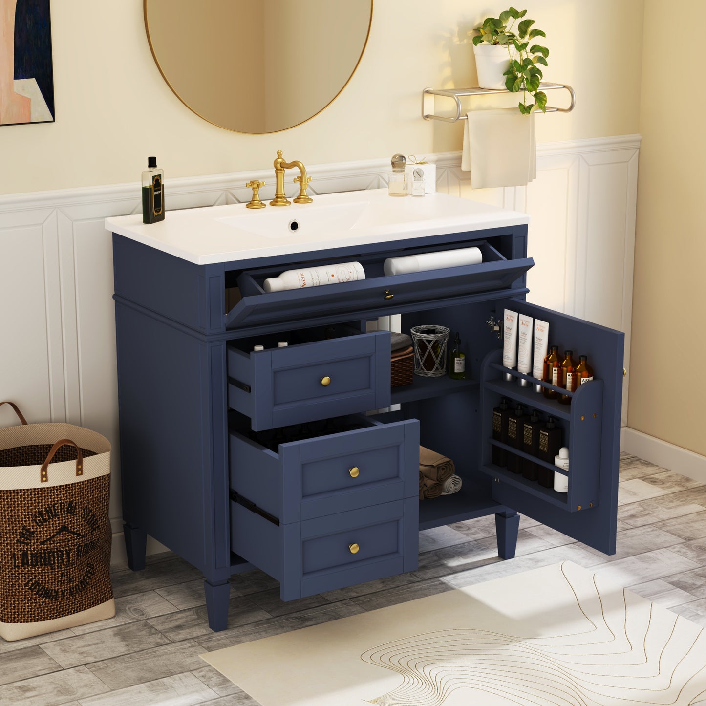 36'' Blue Bathroom Vanity with Ceramic Sink & 3 Drawers