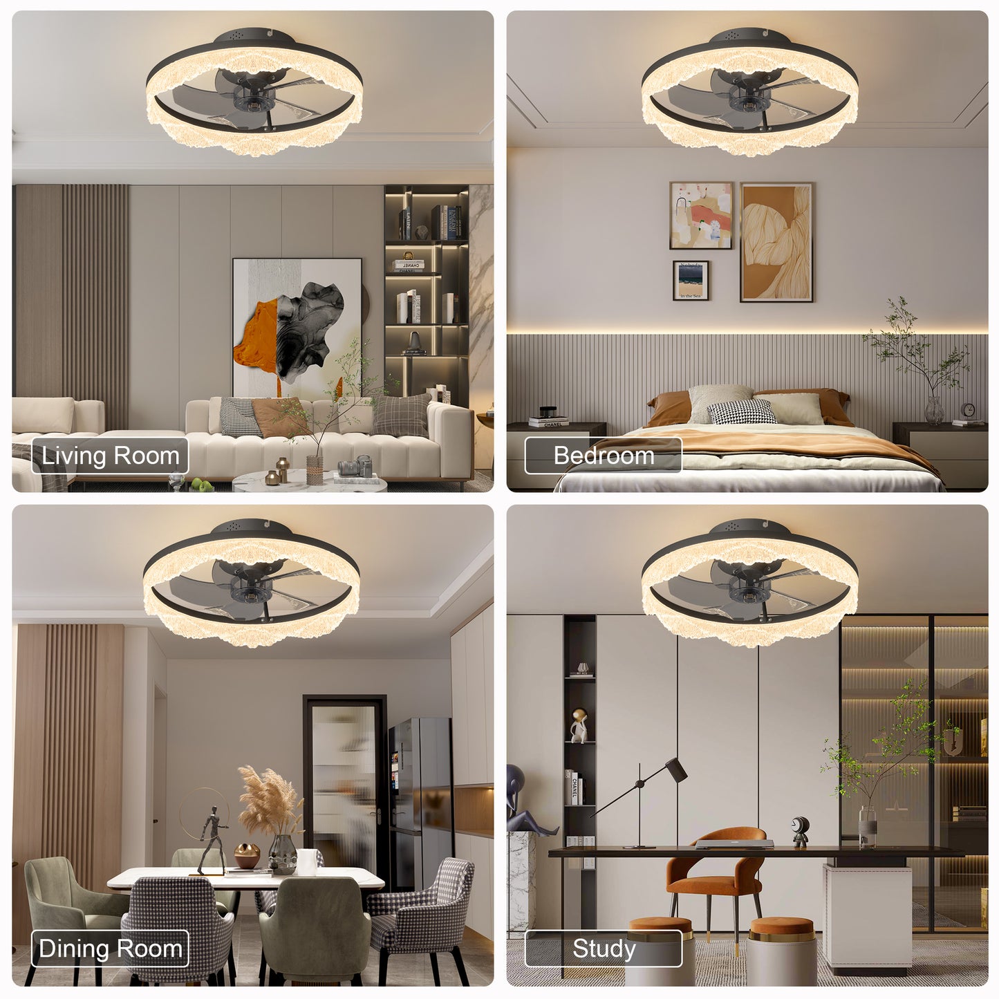 Modern LED Ceiling Fan Light with Crystal Acrylic Ring - Black