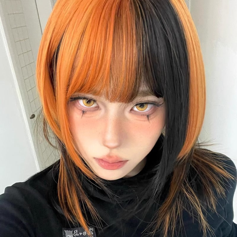 Black and Dirty Orange Ombre Synthetic Wig for Women - Long Straight Style with Bangs