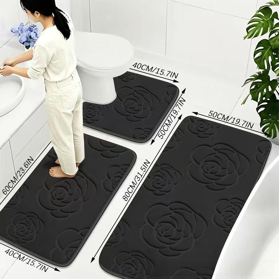 Rose Patterned Non-Slip Coral Fleece Bathroom Mat Set - Gray