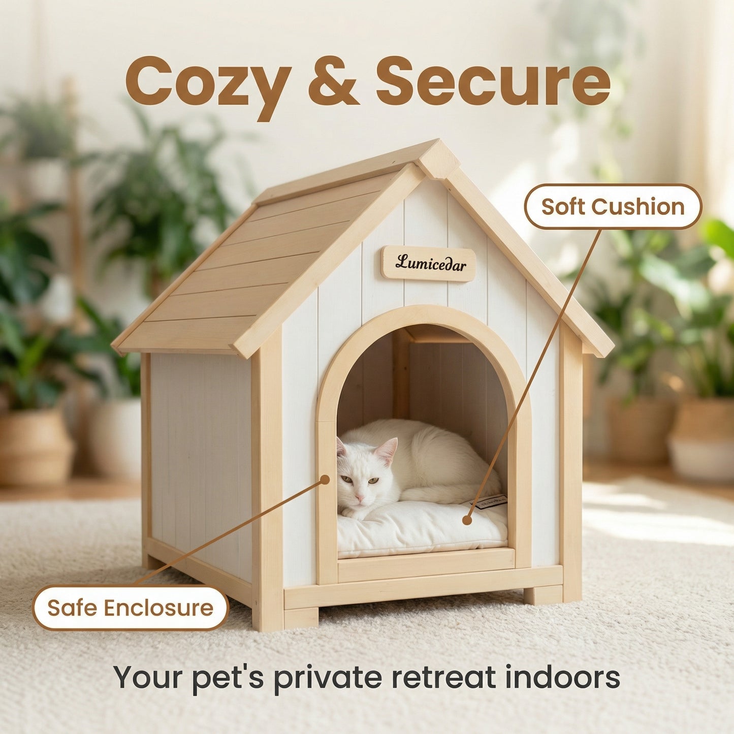 Indoor Wooden Dog House with EVA Cushion - Small Pet Shelter in Creamy White