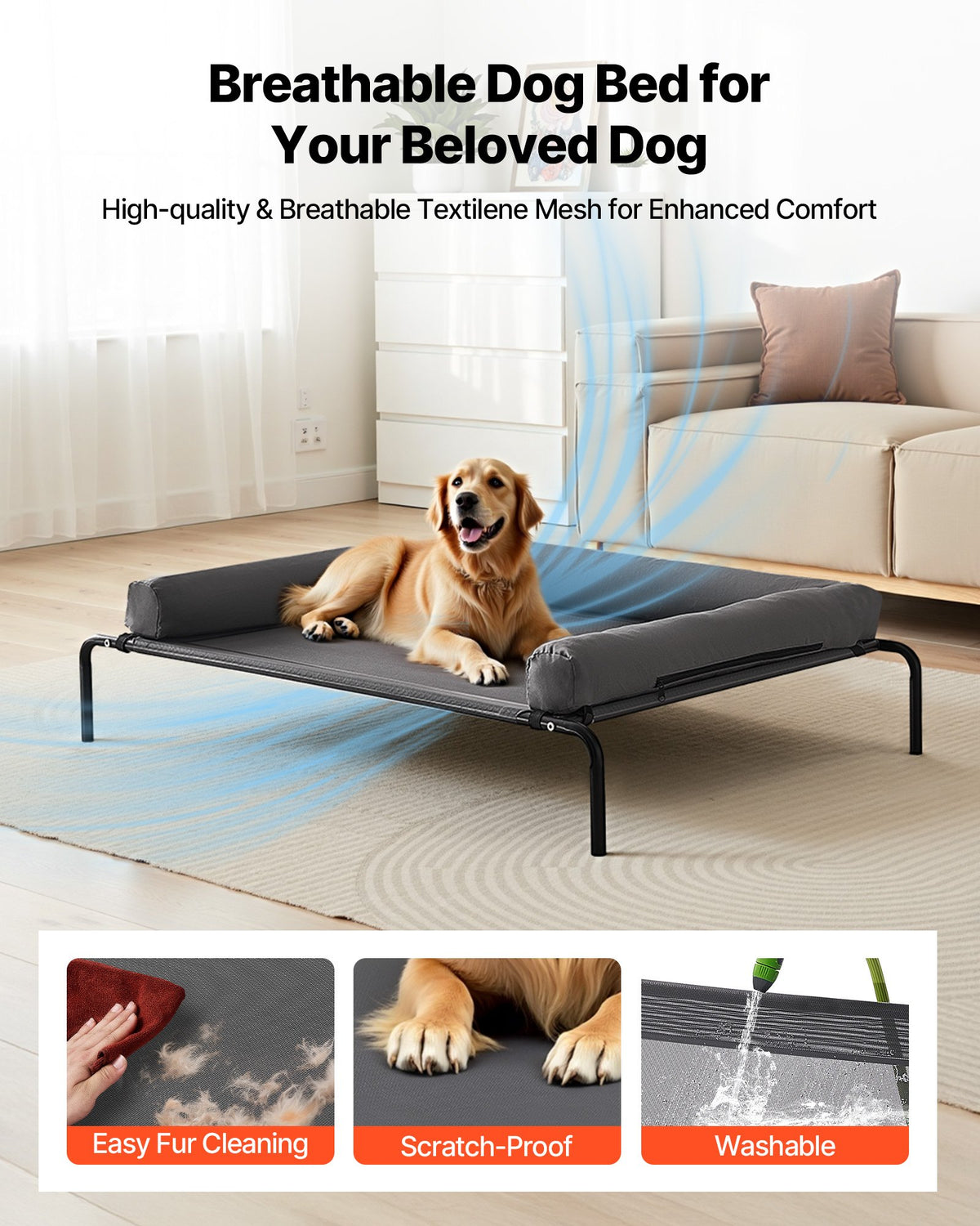 Large Elevated Dog Bed with Pillow - Portable Raised Pet Cot in Gray, XL