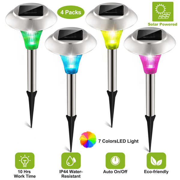 Solar Powered Color Changing Path Lights - 4 Pack, IP44 Waterproof