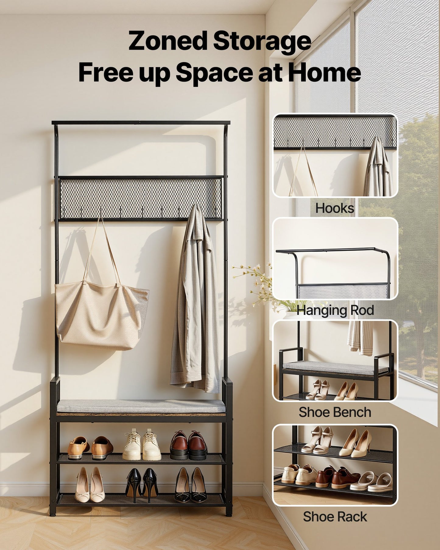 72-Inch Freestanding Coat Rack with Shoe Bench & 2-Tier Shoe Storage — Entryway Organizer, Hooks & Wire Shelf, Steel Frame, Black