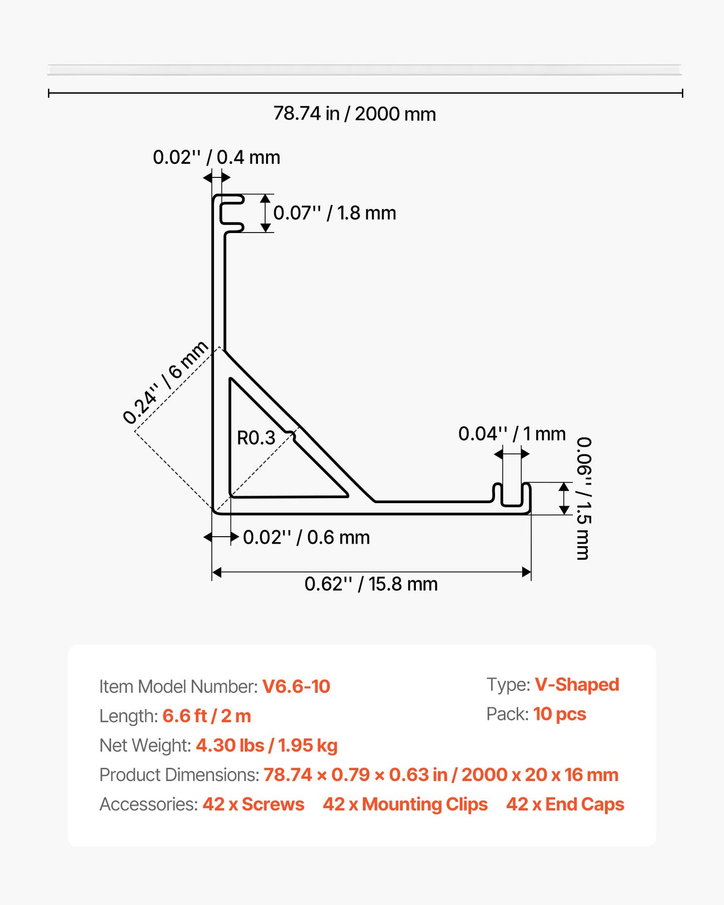 LED Aluminum Channel 6.6 Ft V Shape with Milky Cover & End Caps - Black