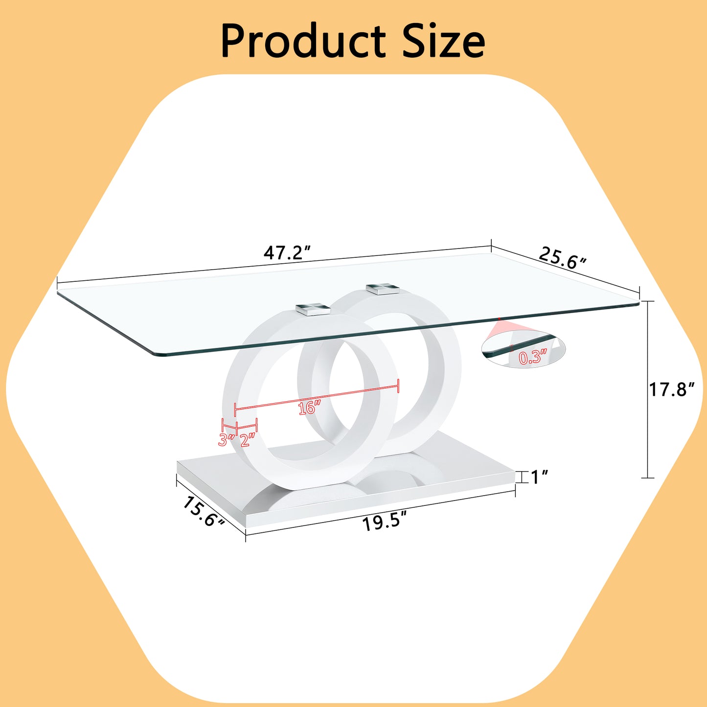 Modern Glass-Top MDF Coffee Table with White Base - 47.2x25.6x17.8 Inches