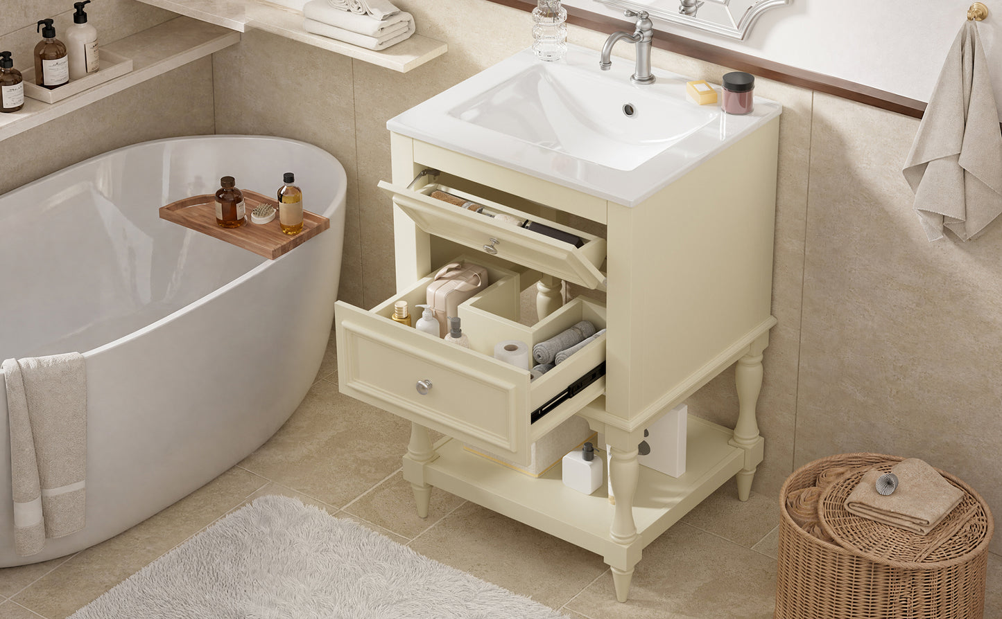 20'' Beige Bathroom Vanity with Ceramic Sink & 2 Drawers